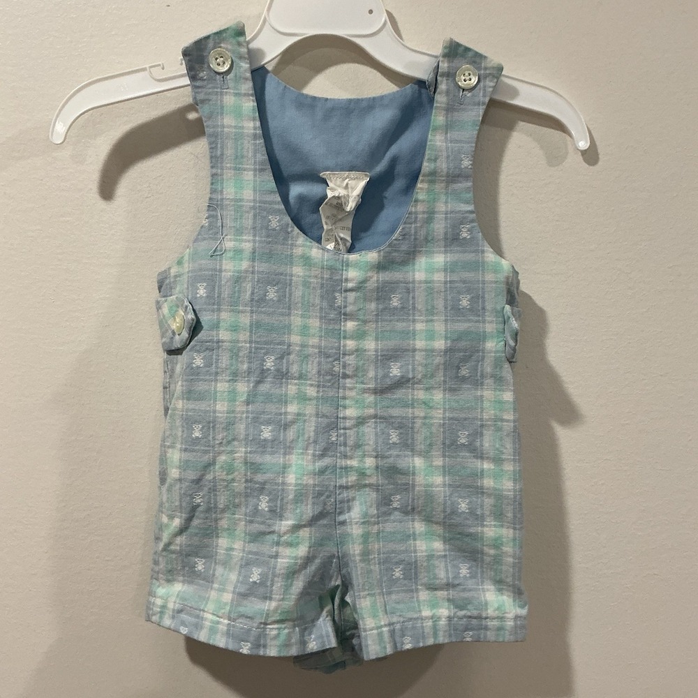 Vintage Boys Size 12M Teddy Bear Plaid‎ Romper Shortall Jumper Made In USA